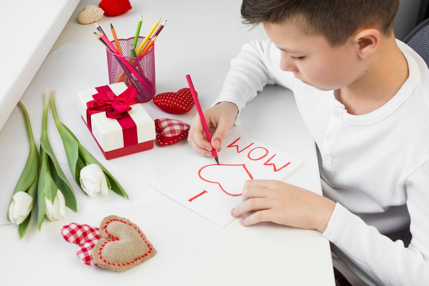 High angle son preparing surprise for mom