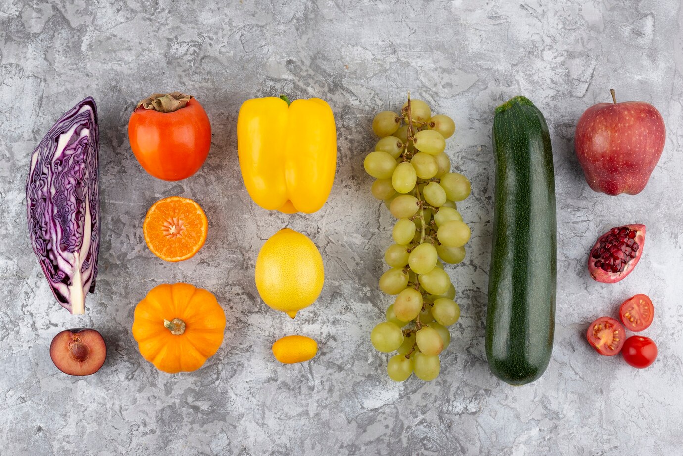 Fruits and vegetables layed down