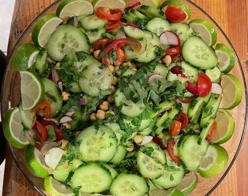 Mixed salad of cucumbers, peppers, and radishes served at the 2024 summer camp of Les Elfes international in Verbier Switzerland