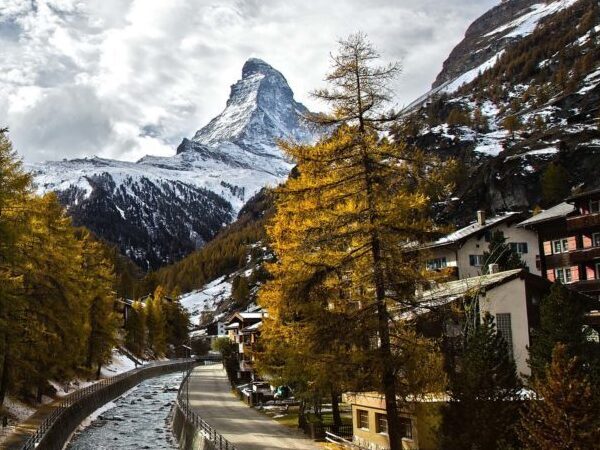 Beautiful view of Matterhorn mountain from Zermatt village where spring camp take place at les elfes international, the best camp in Europe