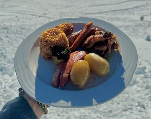 Plate full of meat, potatoes and rice, served on top of the mountain during winter camp 2024 of les elfes internationa